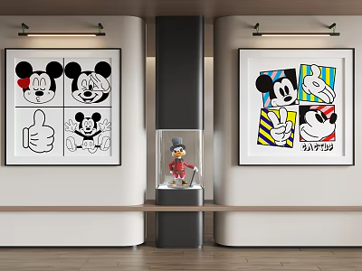 Abstract Paintings Featuring Mickey Mouse Various Expressions Gestures Colorful Striped Background and Display Case Figurine 3d model