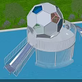 White Spherical Playground Equipment With Slides Stairs On Blue Ground Surrounded By Green Trees