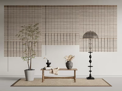 Bamboo Curtains in Modern Interior with White Wall Small Table Plant Floor Lamp and Rug 3d model