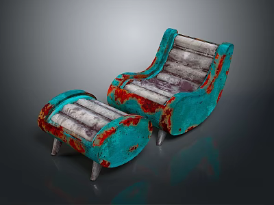 Vintage Style Turquoise Upholstered Armchair And Ottoman With Distressed Red Accents 3d model