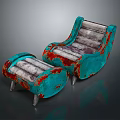 Vintage Style Turquoise Upholstered Armchair And Ottoman With Distressed Red Accents