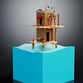 Cartoon Scene of Stilted Wooden Hut on Water Platform with Lifesaver Flag and Small Window