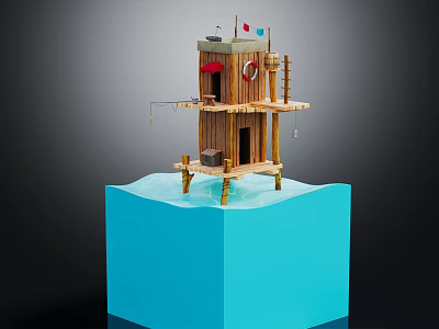 Cartoon Scene of Stilted Wooden Hut on Water Platform with Lifesaver Flag and Small Window 3d model