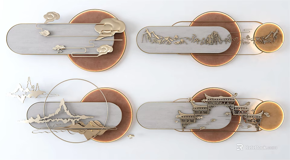 Set of Traditional Chinese Wall Decor with Mountain Cloud Architecture Motifs and Circular Rectangular Frames 3d model 