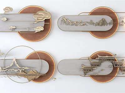 Set of Traditional Chinese Wall Decor with Mountain Cloud Architecture Motifs and Circular Rectangular Frames 3d model