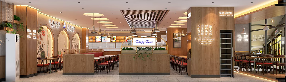 Happy House Restaurant Interior With Wooden Decor Pendant Lights Plants Tables And Chairs 3d model 