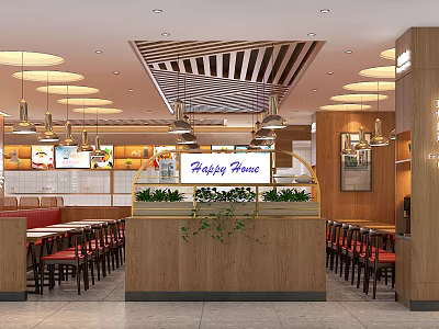 Happy House Restaurant Interior With Wooden Decor Pendant Lights Plants Tables And Chairs 3d model