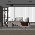 Modern Office Interior Featuring Wooden Desk Comfortable Chairs Open Shelves Grid Partition And Striped Rug