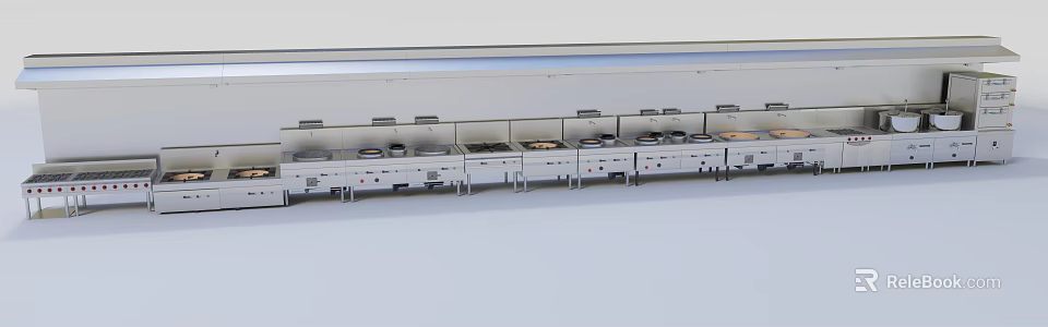 Commercial Kitchen Cooking Equipment Long Strip Stoves With Multiple Burners Stainless Steel 3d model 