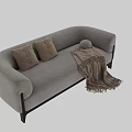 Modern Gray Fabric Two-Seater Sofa With Soft Pillows Cozy Throw Blanket And Black Wooden Legs