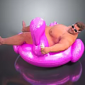 Man relaxing on pink flamingo inflatable float wearing sunglasses holding ice cream cone