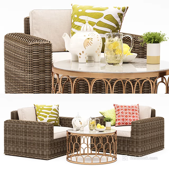 Outdoor Wicker Sofa With Green Beige Cushions Metal Coffee Table Teapot Lemonade And Plant 3d model 