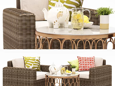 Outdoor Wicker Sofa With Green Beige Cushions Metal Coffee Table Teapot Lemonade And Plant 3d model