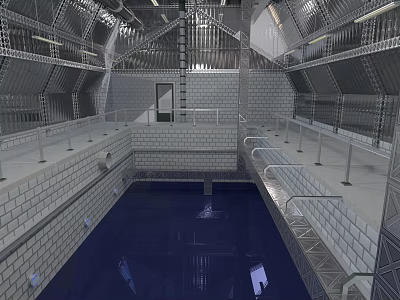 Modern Elevator Aisle With Metal Frame Stairs Handrails And Bright Lighting 3d model