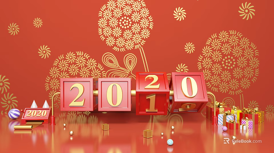 New Year Celebration With Red Background Golden Fireworks 2020 Number Blocks Gift Boxes And Balls 3d model 