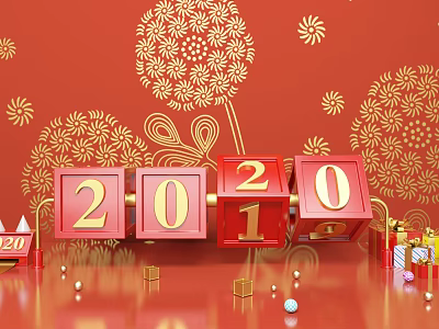 New Year Celebration With Red Background Golden Fireworks 2020 Number Blocks Gift Boxes And Balls 3d model
