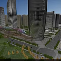 Modern Commercial Complex With Tall Glass Buildings Illuminated Overpass Connecting Buildings And Evening Greenery Landscape