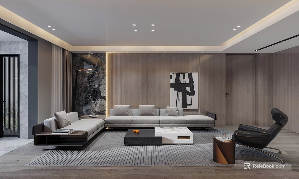 Modern Living Room Interior Design With Sofa Coffee Table Abstract Artwork And Wooden Walls 3d model 