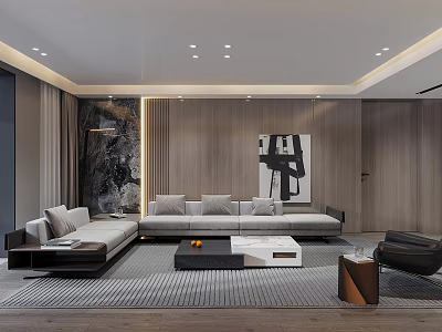 Modern Living Room Interior Design With Sofa Coffee Table Abstract Artwork And Wooden Walls 3d model