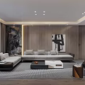 Modern Living Room Interior Design With Sofa Coffee Table Abstract Artwork And Wooden Walls