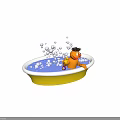 Cheerful Orange Cartoon Character Holding Yellow Rubber Duck With Bubbles
