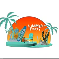 Summer Beach Party Setup With Palm Trees Surfboards Blue Chair And Cactus