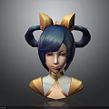 3D Anime Style Child Model With Blue Hair Double Ponytails And Golden Horn Accessories