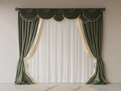 Luxurious Green And White Curtain With Tassel Details For Interior Decoration 3d model