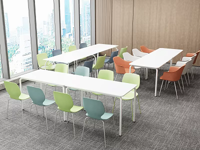 Modern Dining Table Set With White Tables Colorful Chairs And City View By Large Windows 3d model