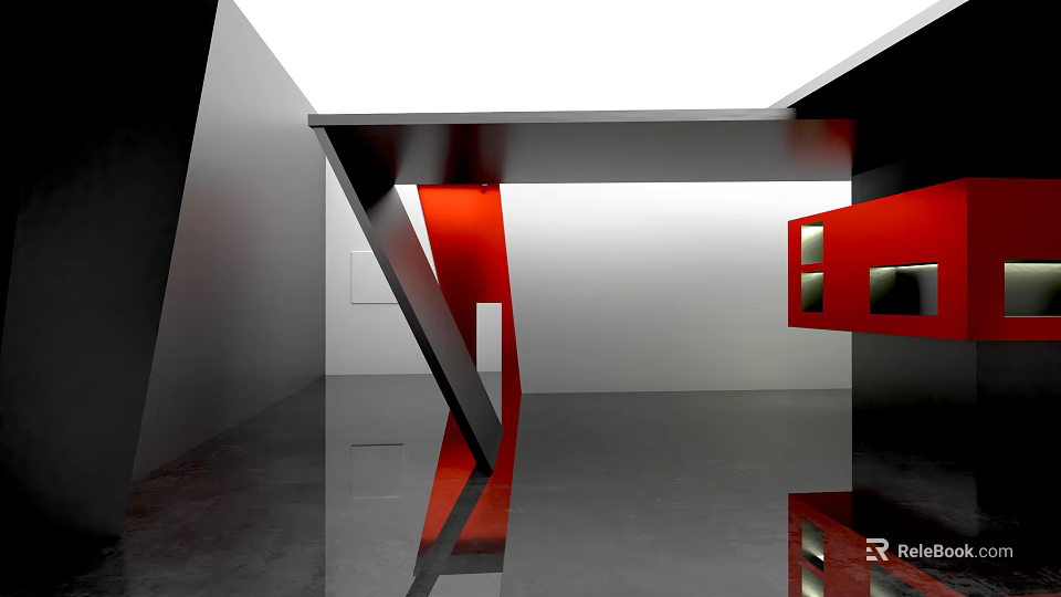 Contemporary Architectural Interior With Geometric Red Black Accents And Reflective Sleek Floor 3d model 