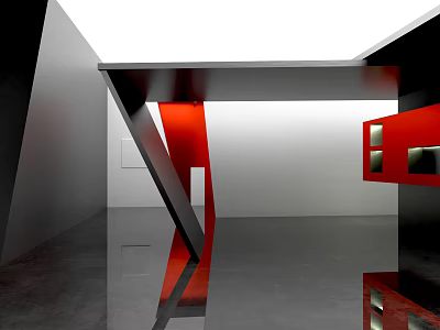 Contemporary Architectural Interior With Geometric Red Black Accents And Reflective Sleek Floor 3d model
