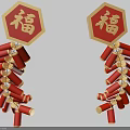 Traditional Chinese New Year Decorations With Red Octagonal Fu Plaques And Golden Firecracker Strings