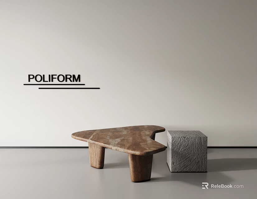 Poliform Wooden Coffee Table With Irregular Design And Textured Cube 3d model