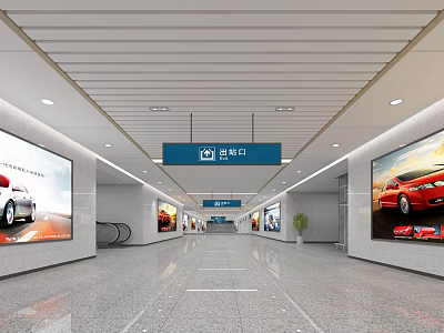 Spacious Train Station Interior Featuring Large Car Advertisement Billboards Signage And Bright Ceiling Lights 3d model