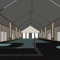 Modern Indoor Swimming Pool Interior With Large Windows Natural Light High Ceiling And Dark Tiles