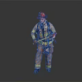Firefighter In Red Helmet And Firefighting Uniform Holding Yellow Axe Against Gray Background
