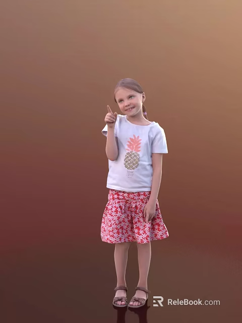 Little Girl Smiling In White Pineapple T Shirt Red Floral Skirt With OK Sign On Brown 3d model 