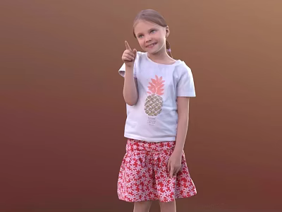 Little Girl Smiling In White Pineapple T Shirt Red Floral Skirt With OK Sign On Brown 3d model