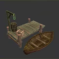 Rustic Wooden Dock with Barrel Crate Lantern and Small Boat 3d model