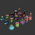 Colorful Glass Bottles Display With Colored Liquids Cork Stoppers Various Shapes