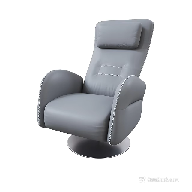 Modern Gray Leather Armchair With High Backrest Stitched Details And Round Base 3d model 