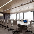 Modern Conference Room With Long Table White Chairs Laptop And City View Through Large Windows