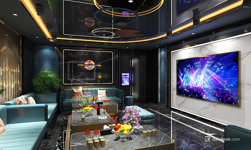 Modern KTV Interior Design With Comfortable Sofas Large Screen Coffee Table And Decorative Lighting 3d model