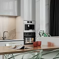 Modern Restaurant Interior With Kitchen Appliances Marble Counter Wooden Table Open Magazine Red Cups Transparent Chairs
