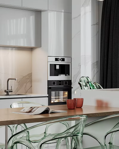 Modern Restaurant Interior With Kitchen Appliances Marble Counter Wooden Table Open Magazine Red Cups Transparent Chairs 3d model