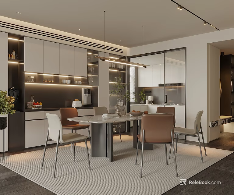 Modern Restaurant Interior Design With Dining Table Chairs Pendant Lights And Open Kitchen 3d model