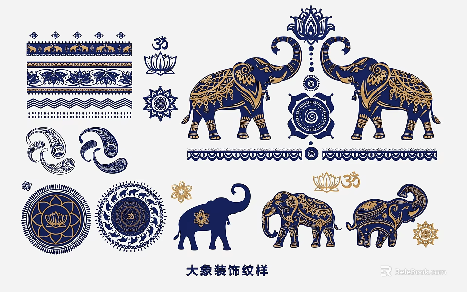 Blue And Gold Elephant Themed Wall Decor With Decorative Patterns 3d model