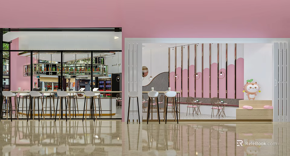 Bright Bubble Tea Shop Interior With Pink Walls Open Space Bar And High Stools 3d model 