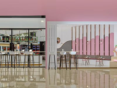 Bright Bubble Tea Shop Interior With Pink Walls Open Space Bar And High Stools 3d model