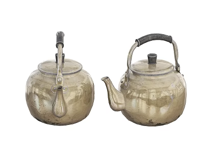 Two Traditional Metallic Tea Kettles With Vintage Design And Handles 3d model